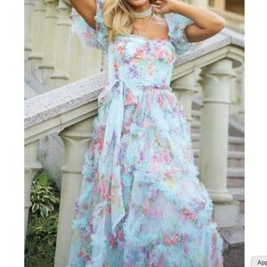 FAIRYTALE FLORAL TULLE PUFF SLEEVE BOW TIE LAYERED RUFFLE MAXI GOWN DRESS - BLUE